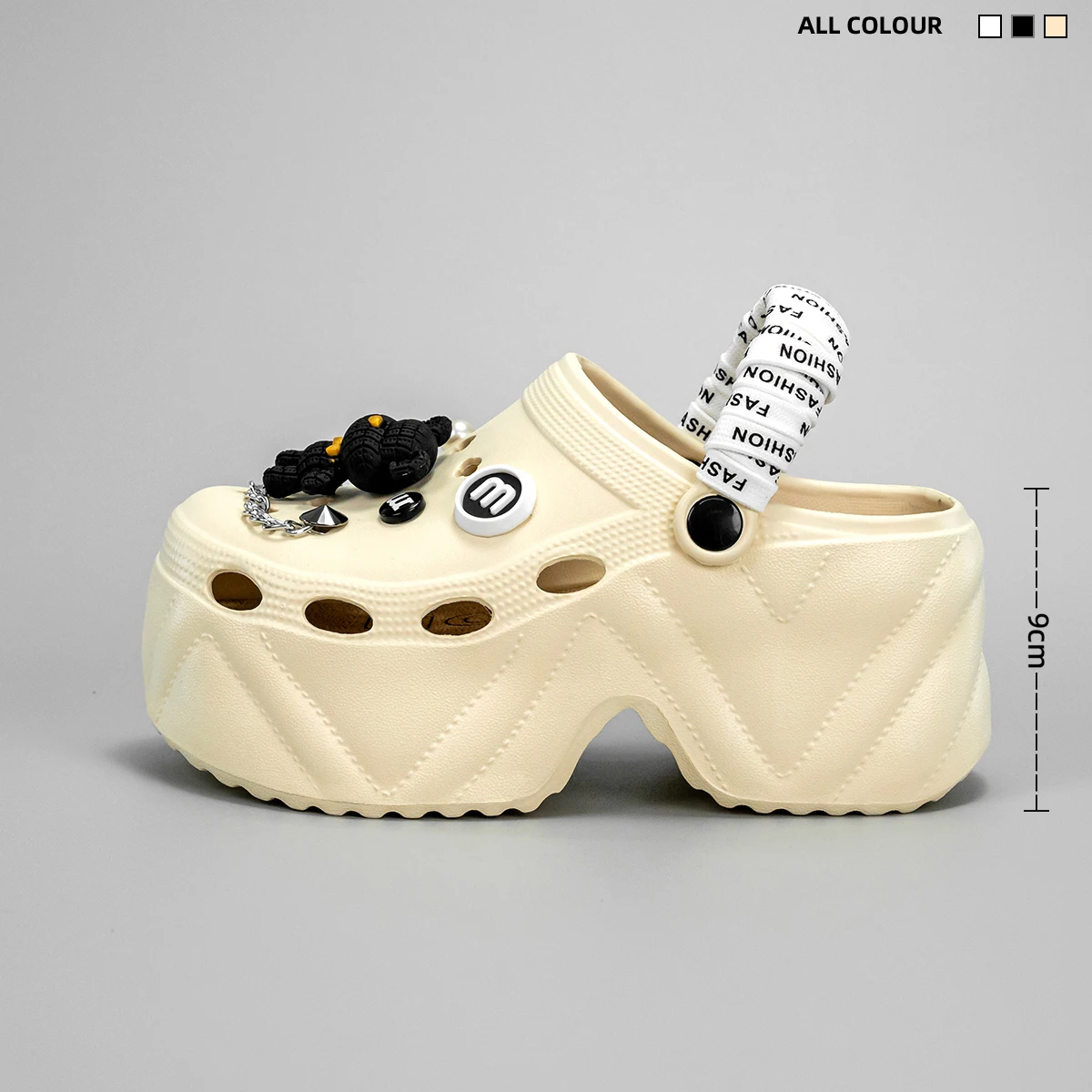 New Fashionable Black and White Strappy Bear High Heeled Imitation Leather Pattern Clogs X8809