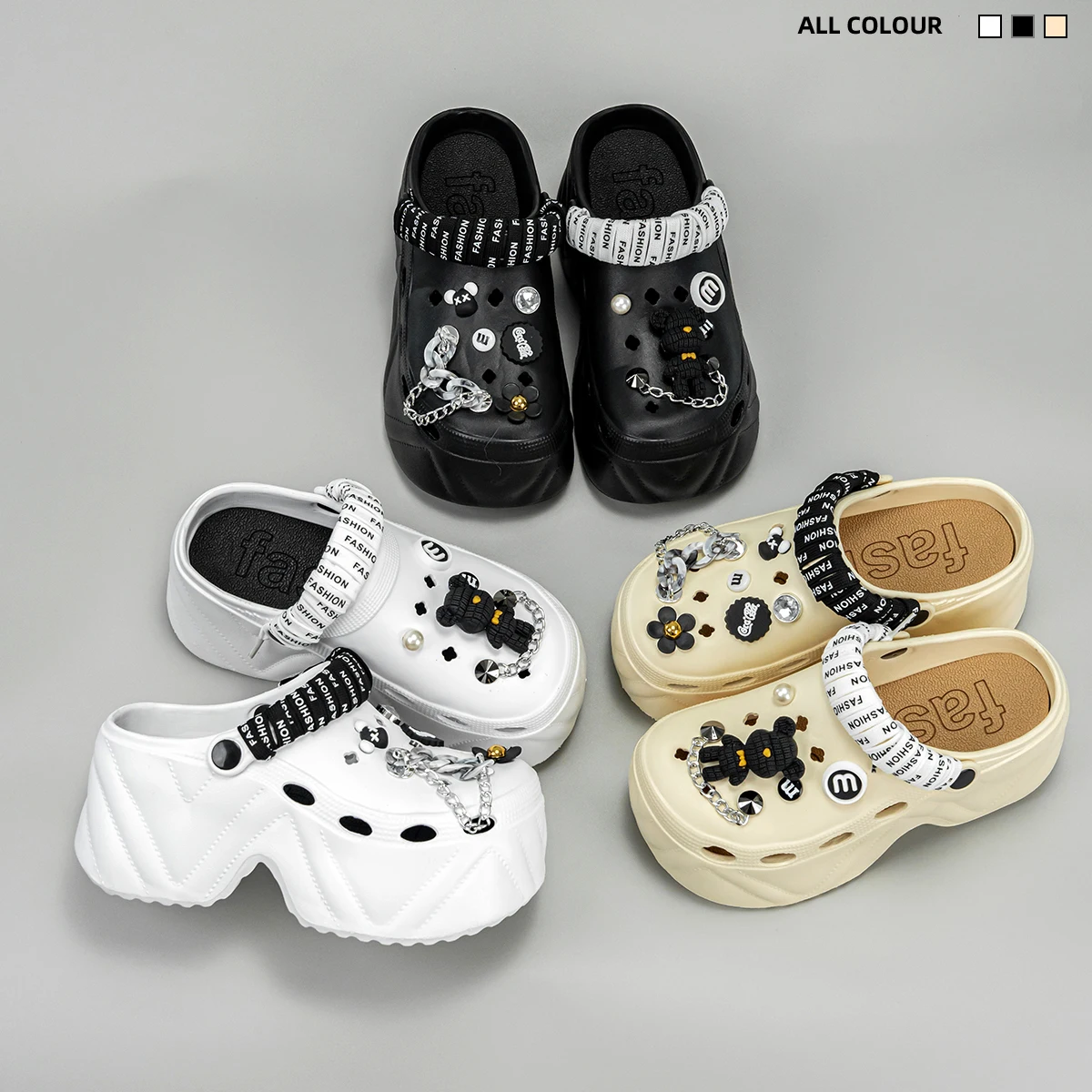 New Fashionable Black and White Strappy Bear High Heeled Imitation Leather Pattern Clogs X8809