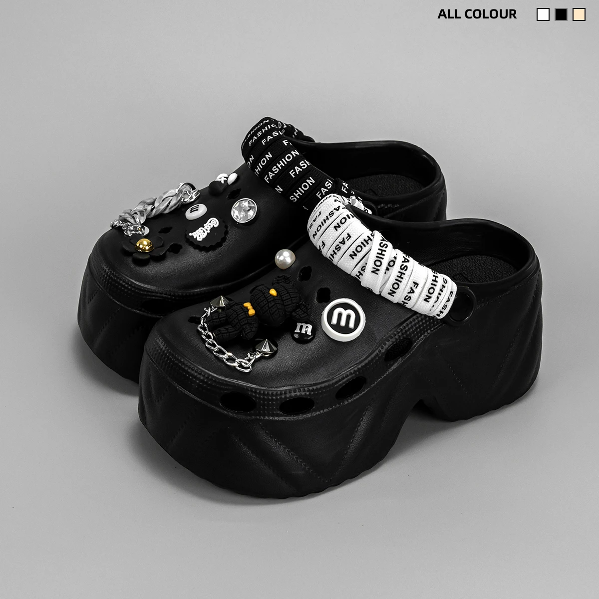 New Fashionable Black and White Strappy Bear High Heeled Imitation Leather Pattern Clogs X8809