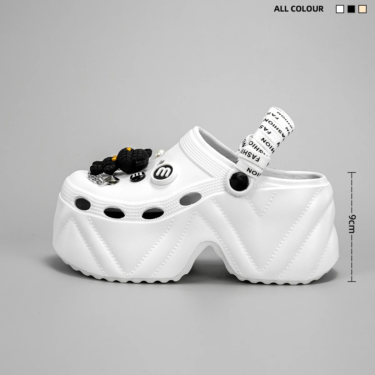 New Fashionable Black and White Strappy Bear High Heeled Imitation Leather Pattern Clogs X8809