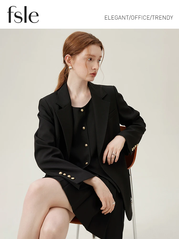FSLE Women Blazer Temperament Suit Jacket for Office Lady Sets Formal Female Blazer Vest Skirt 24FS11075