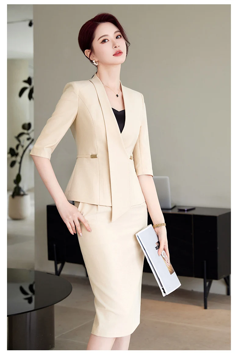 NAVIU New Spring Summer Female Elegant Women Skirt Suits Apricot Navy Blue Blazer And Skirt Business Office Lady 2 Pieces Set NAVIU New Spring Summer Female Elegant Women Skirt Suits Apricot Navy Blue Blazer And Skirt Business Office Lady 2 Pieces Set