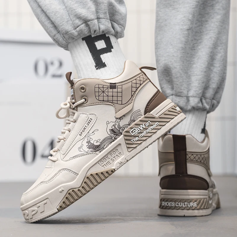 Fashion High Top Men Board Shoes Leather Lightweight Men Casual Shoes Platform Walking Sneaker Breathable Anti Slip Tennis Shoes