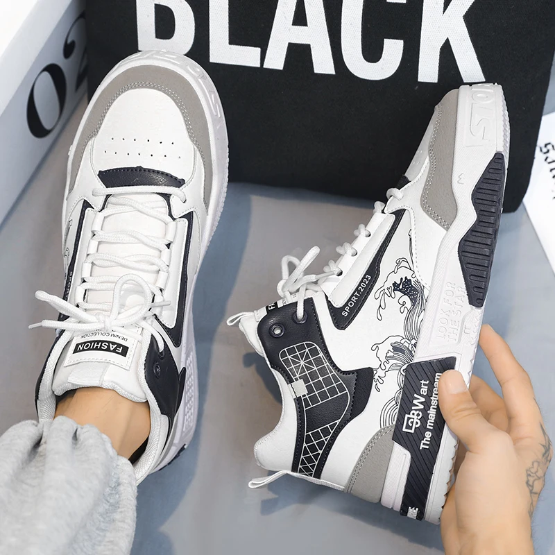 Fashion High Top Men Board Shoes Leather Lightweight Men Casual Shoes Platform Walking Sneaker Breathable Anti Slip Tennis Shoes