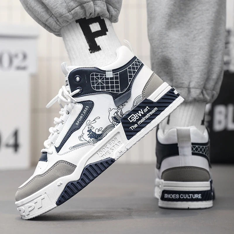 Fashion High Top Men Board Shoes Leather Lightweight Men Casual Shoes Platform Walking Sneaker Breathable Anti Slip Tennis Shoes