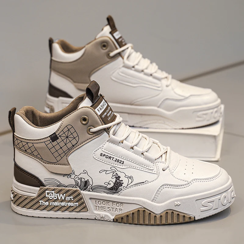 Fashion High Top Men Board Shoes Leather Lightweight Men Casual Shoes Platform Walking Sneaker Breathable Anti Slip Tennis Shoes