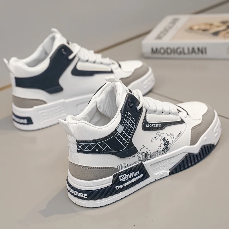 Fashion High Top Men Board Shoes Leather Lightweight Men Casual Shoes Platform Walking Sneaker Breathable Anti Slip Tennis Shoes