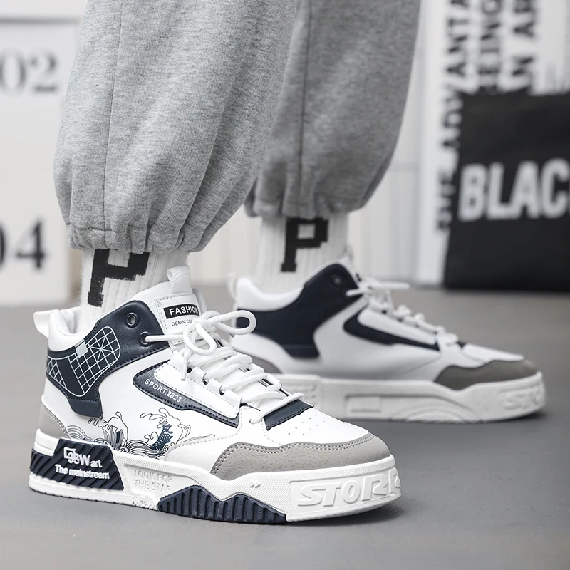 Fashion High Top Men Board Shoes Leather Lightweight Men Casual Shoes Platform Walking Sneaker Breathable Anti Slip Tennis Shoes