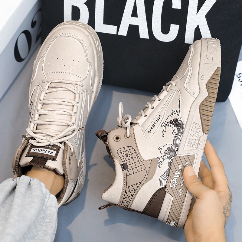 Fashion High Top Men Board Shoes Leather Lightweight Men Casual Shoes Platform Walking Sneaker Breathable Anti Slip Tennis Shoes