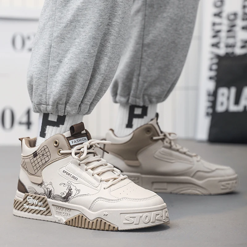 Fashion High Top Men Board Shoes Leather Lightweight Men Casual Shoes Platform Walking Sneaker Breathable Anti Slip Tennis Shoes