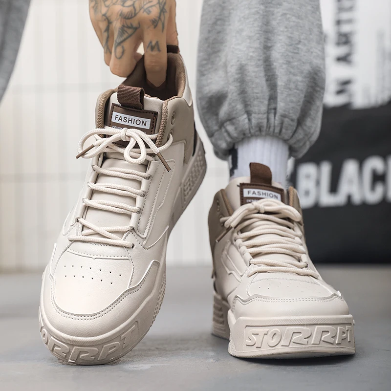 Fashion High Top Men Board Shoes Leather Lightweight Men Casual Shoes Platform Walking Sneaker Breathable Anti Slip Tennis Shoes