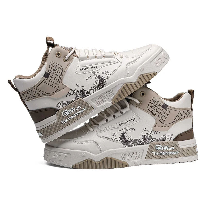 Fashion High Top Men Board Shoes Leather Lightweight Men Casual Shoes Platform Walking Sneaker Breathable Anti Slip Tennis Shoes