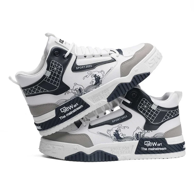 Fashion High Top Men Board Shoes Leather Lightweight Men Casual Shoes Platform Walking Sneaker Breathable Anti Slip Tennis Shoes