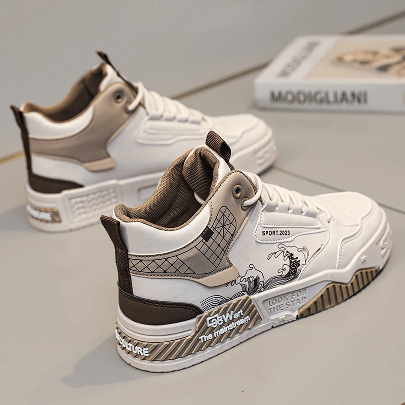 Fashion High Top Men Board Shoes Leather Lightweight Men Casual Shoes Platform Walking Sneaker Breathable Anti Slip Tennis Shoes