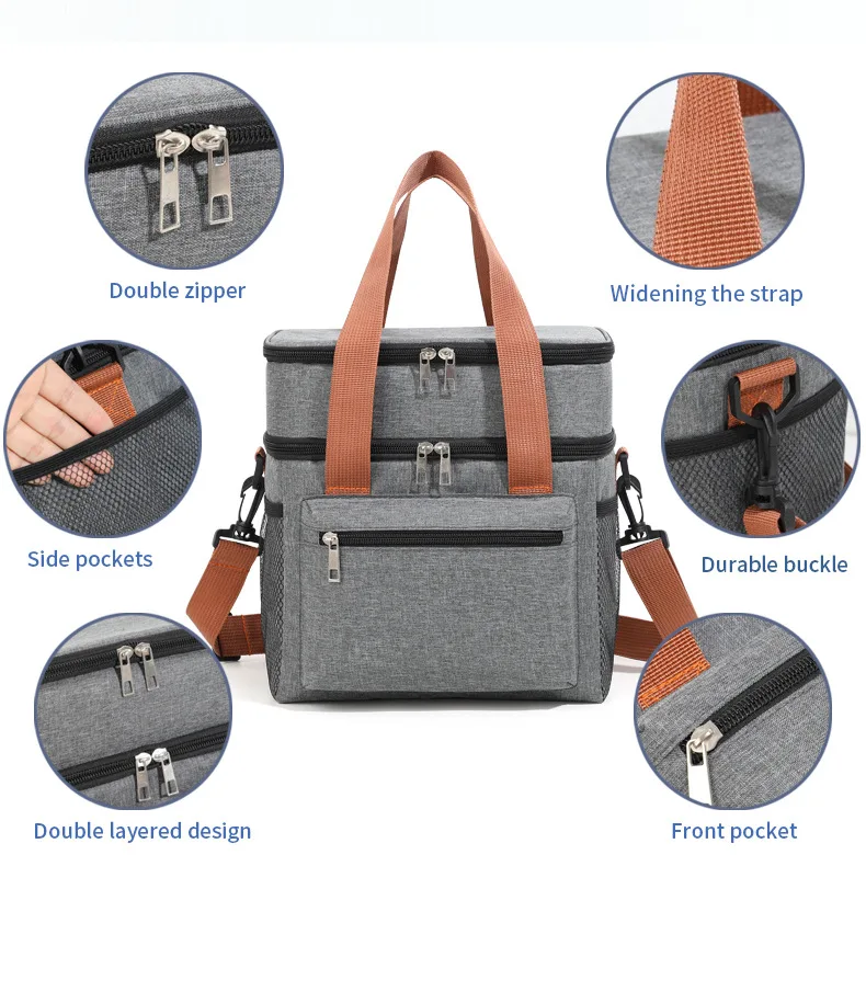 Multifunctional Double Layers Tote Cooler Lunch Bags for Women Men Large Capacity Travel Picnic Lunch Box with Shoulder Strap