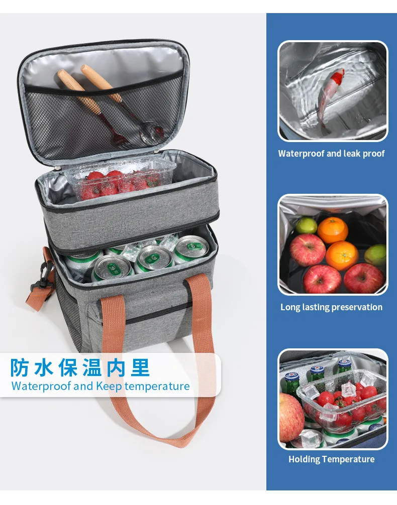 Multifunctional Double Layers Tote Cooler Lunch Bags for Women Men Large Capacity Travel Picnic Lunch Box with Shoulder Strap