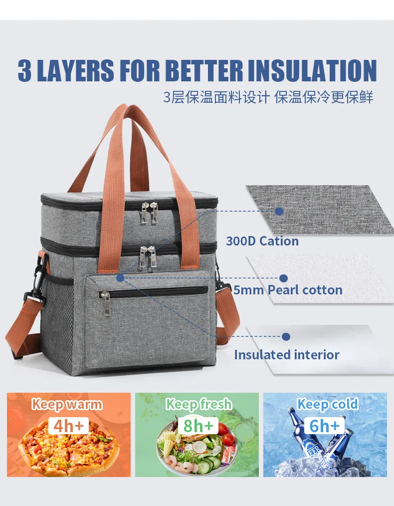 Multifunctional Double Layers Tote Cooler Lunch Bags for Women Men Large Capacity Travel Picnic Lunch Box with Shoulder Strap