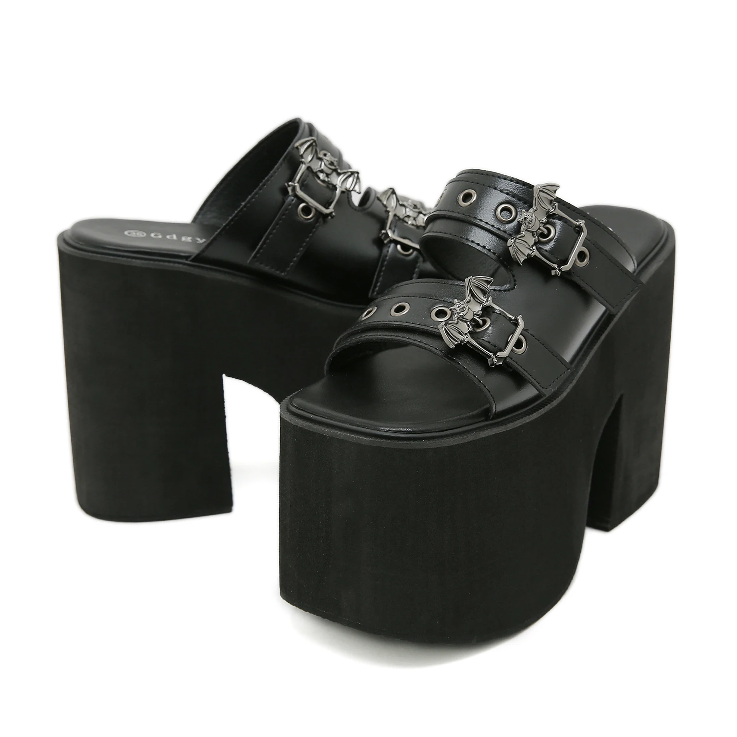 Gdgydh Goth Bat Buckle Decor Platform Slippers for Women Fashion Open Toe Summer Shoes Slip On Heeled Sandals Slingback Outdoor
