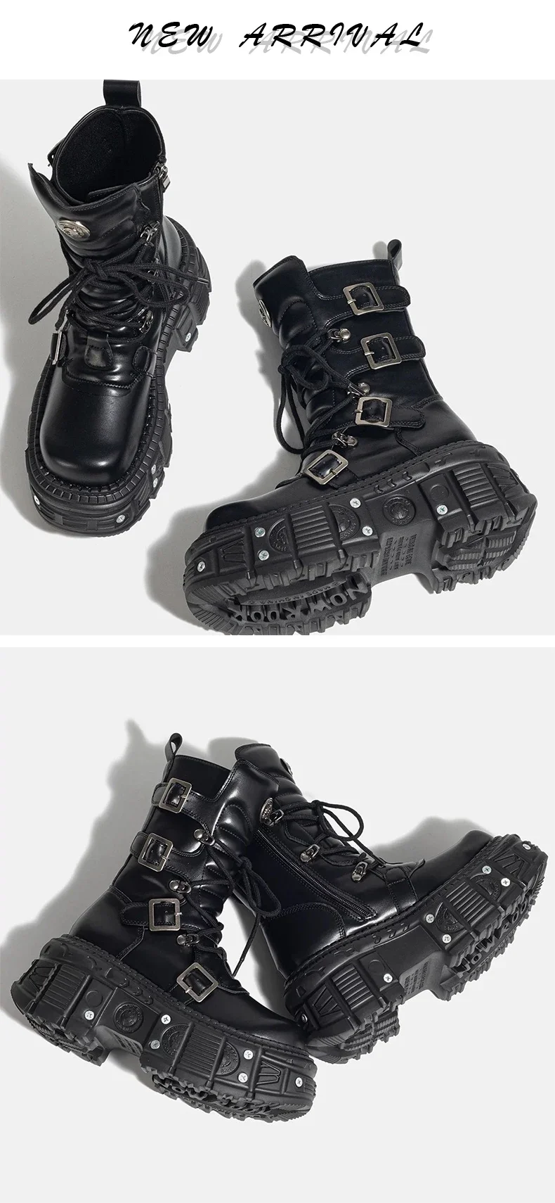 2024 New Punk Style Women Shoes Lace-up Platform Shoes Woman Rock Boots Metal Decor Thick Bottom Street Shot Knight