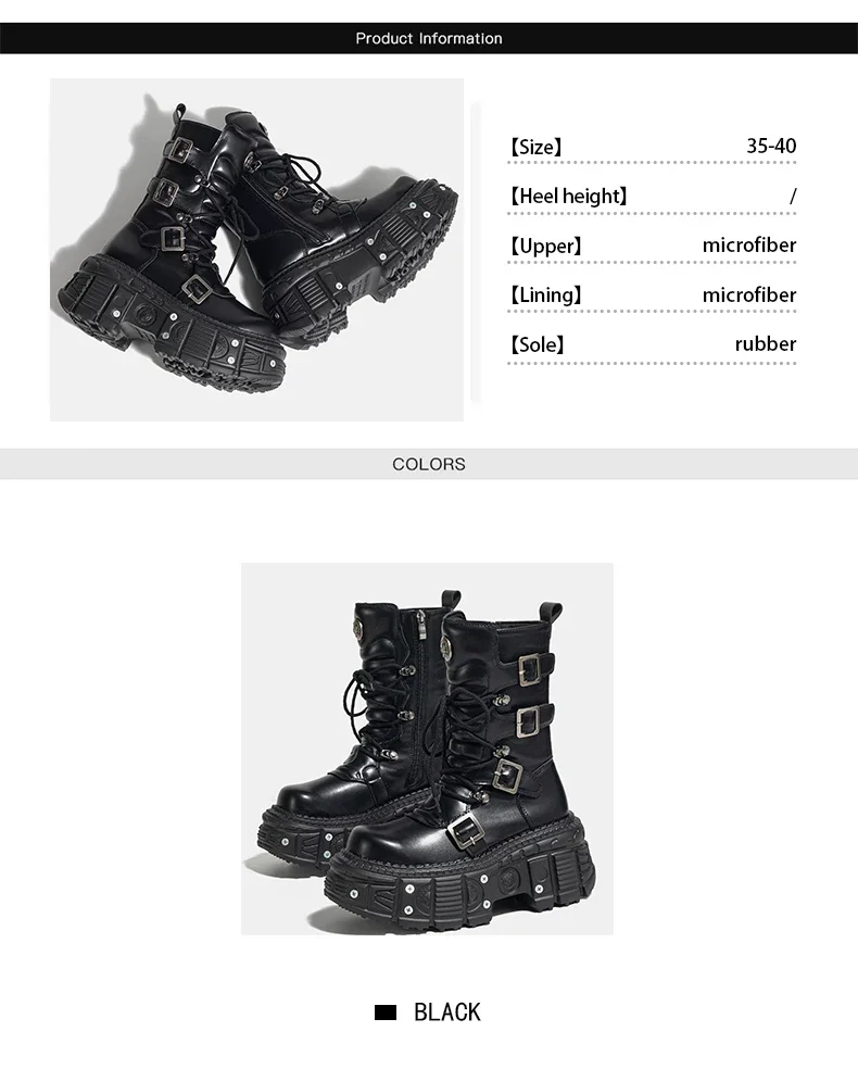 2024 New Punk Style Women Shoes Lace-up Platform Shoes Woman Rock Boots Metal Decor Thick Bottom Street Shot Knight