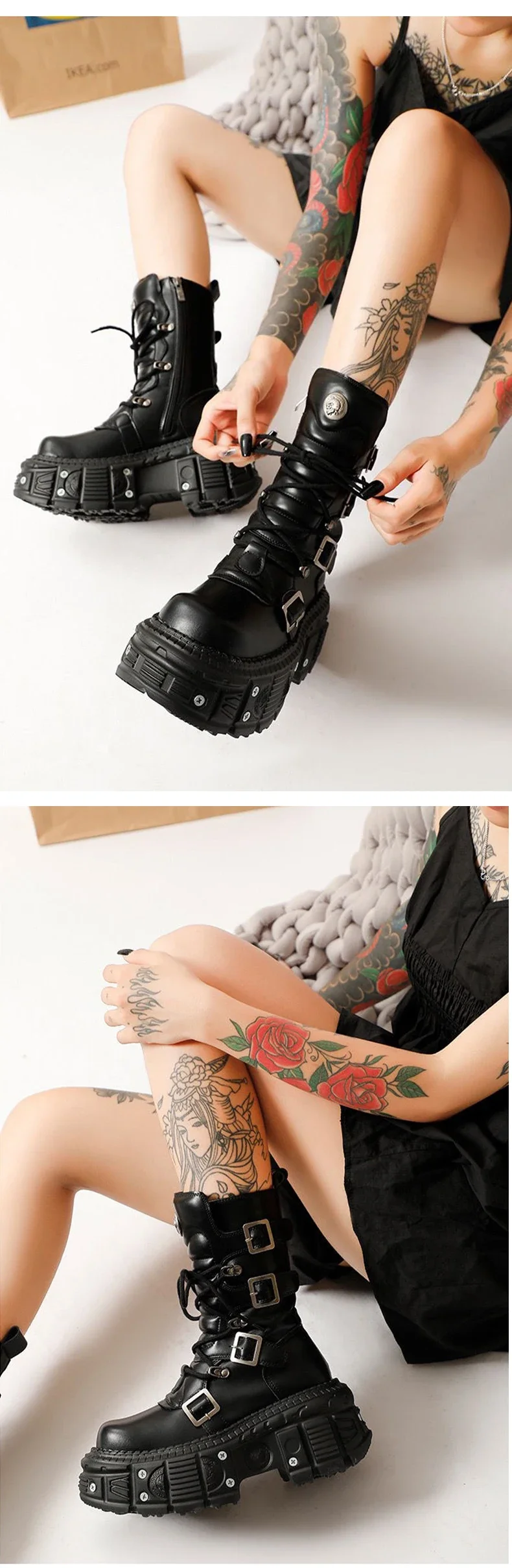 2024 New Punk Style Women Shoes Lace-up Platform Shoes Woman Rock Boots Metal Decor Thick Bottom Street Shot Knight