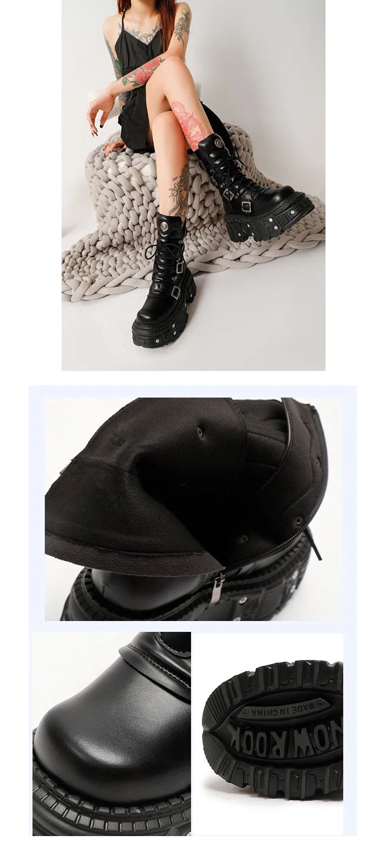 2024 New Punk Style Women Shoes Lace-up Platform Shoes Woman Rock Boots Metal Decor Thick Bottom Street Shot Knight