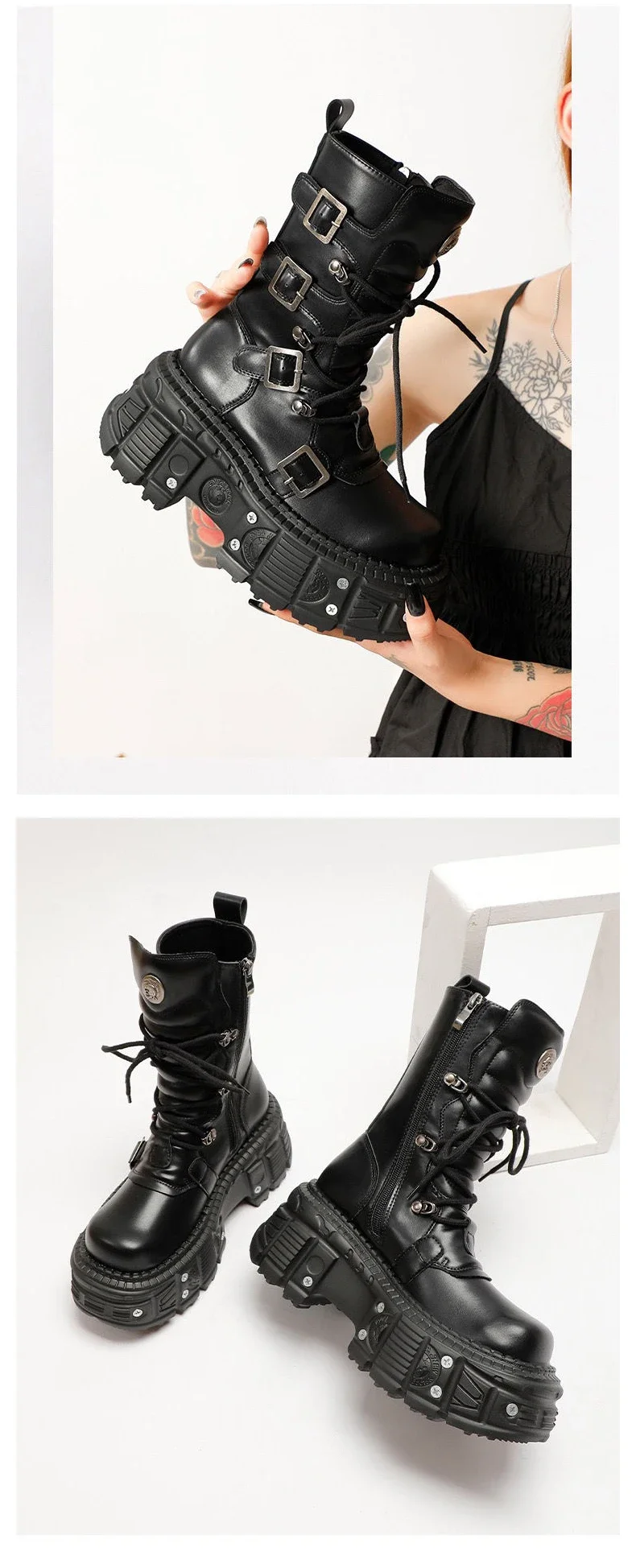 2024 New Punk Style Women Shoes Lace-up Platform Shoes Woman Rock Boots Metal Decor Thick Bottom Street Shot Knight