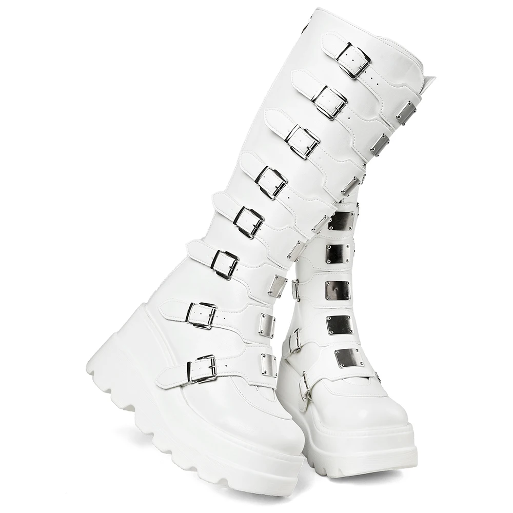 GIGIFOX Goth Metal Buckle Combat Mid-Calf Boots For Women Round Toe Platform Chunky High Wedges Cool Fashion Motorcycle Boots