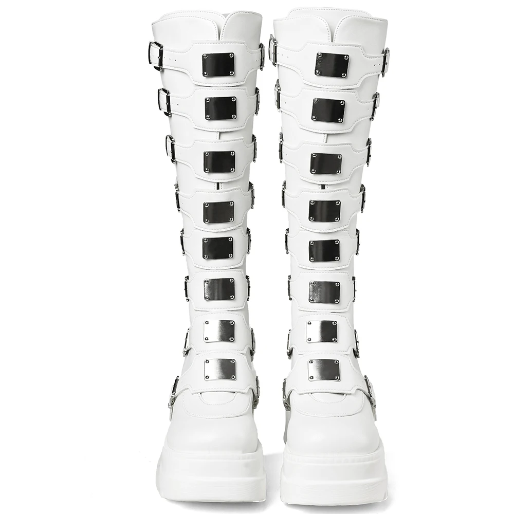 GIGIFOX Goth Metal Buckle Combat Mid-Calf Boots For Women Round Toe Platform Chunky High Wedges Cool Fashion Motorcycle Boots