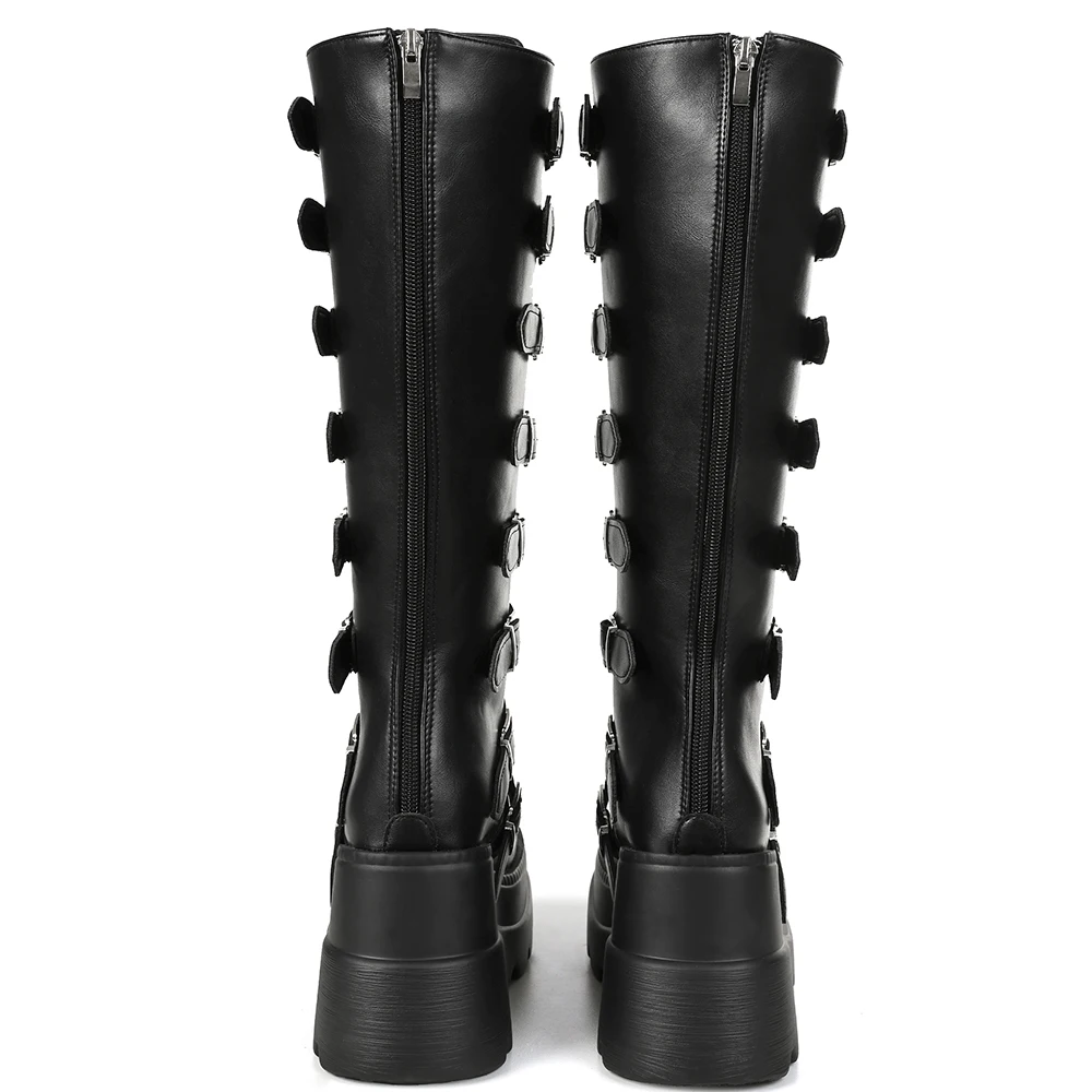 GIGIFOX Goth Metal Buckle Combat Mid-Calf Boots For Women Round Toe Platform Chunky High Wedges Cool Fashion Motorcycle Boots