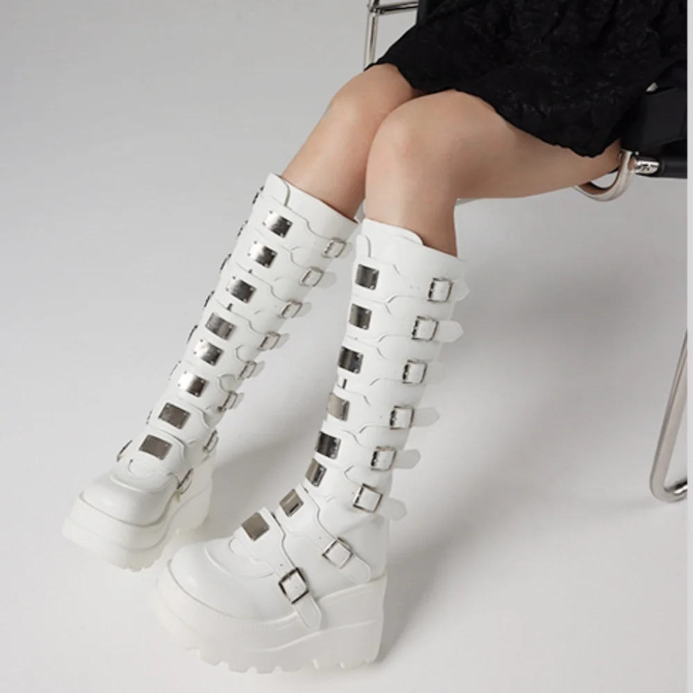 GIGIFOX Goth Metal Buckle Combat Mid-Calf Boots For Women Round Toe Platform Chunky High Wedges Cool Fashion Motorcycle Boots