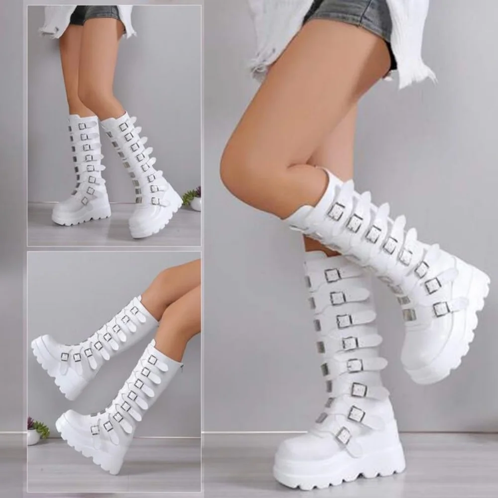 GIGIFOX Goth Metal Buckle Combat Mid-Calf Boots For Women Round Toe Platform Chunky High Wedges Cool Fashion Motorcycle Boots