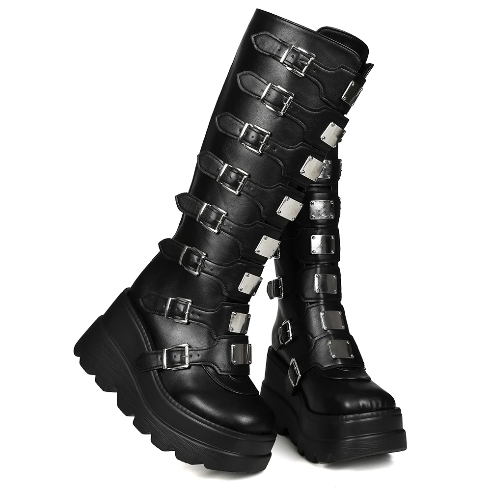 GIGIFOX Goth Metal Buckle Combat Mid-Calf Boots For Women Round Toe Platform Chunky High Wedges Cool Fashion Motorcycle Boots