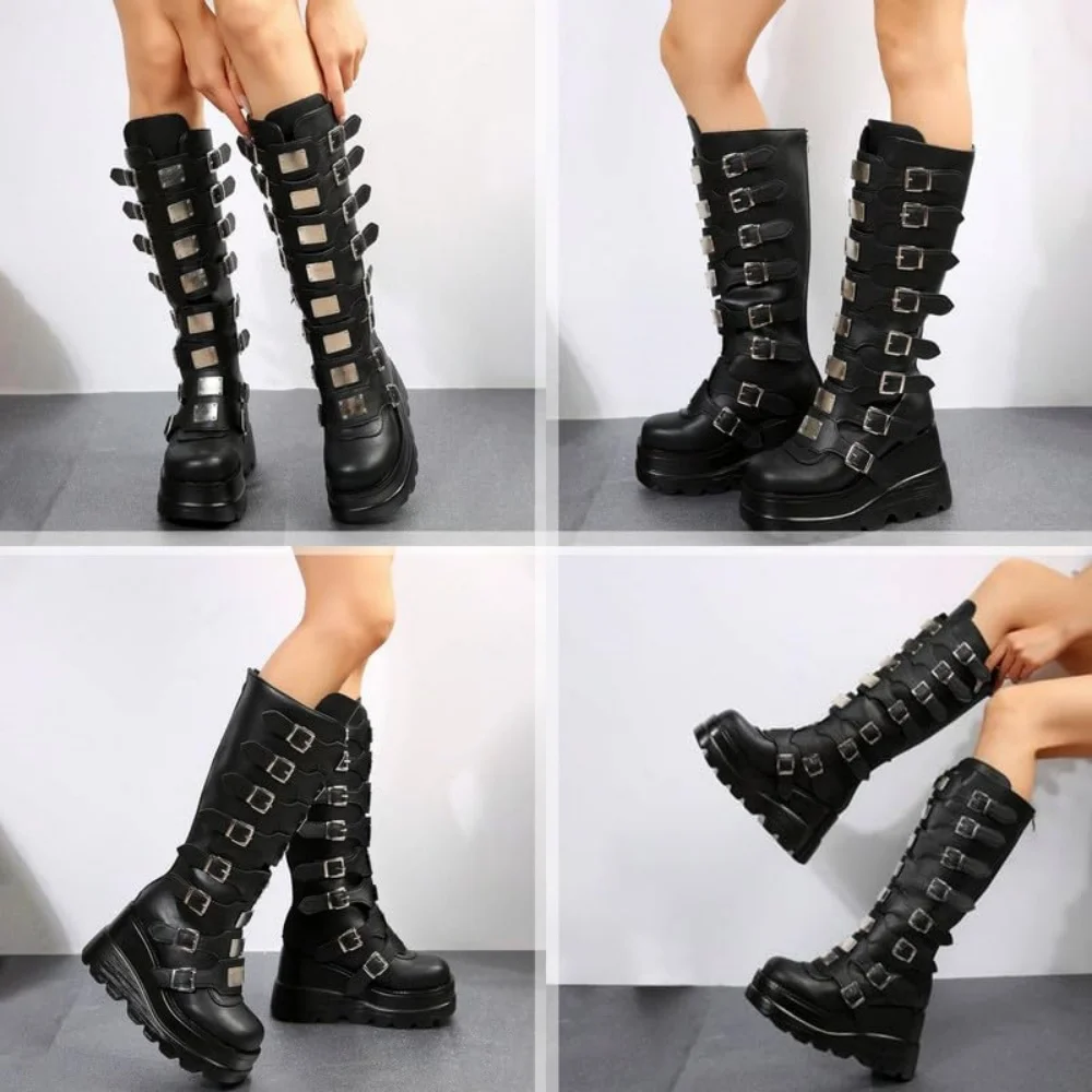 GIGIFOX Goth Metal Buckle Combat Mid-Calf Boots For Women Round Toe Platform Chunky High Wedges Cool Fashion Motorcycle Boots