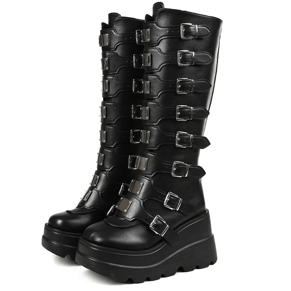 GIGIFOX Goth Metal Buckle Combat Mid-Calf Boots For Women Round Toe Platform Chunky High Wedges Cool Fashion Motorcycle Boots