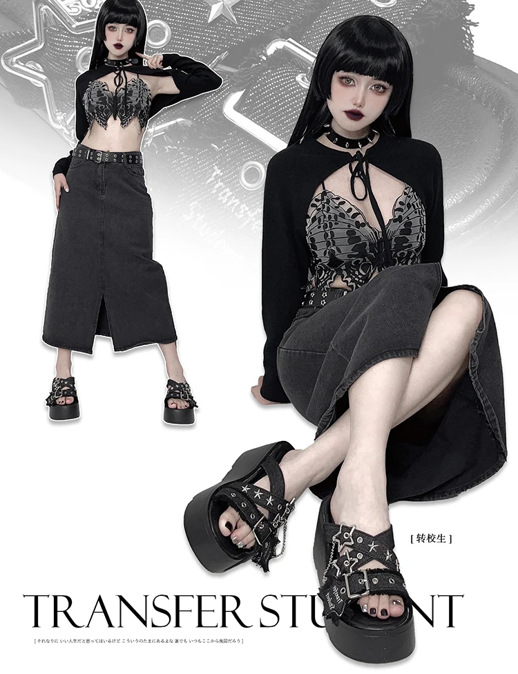 Dophee Original Spice Girls Punk Subculture Thick Soled Slippers All-match Summer Denim Rivet Sandal Exposed Toe Women Shoes