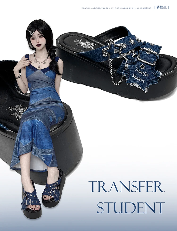 Dophee Original Spice Girls Punk Subculture Thick Soled Slippers All-match Summer Denim Rivet Sandal Exposed Toe Women Shoes