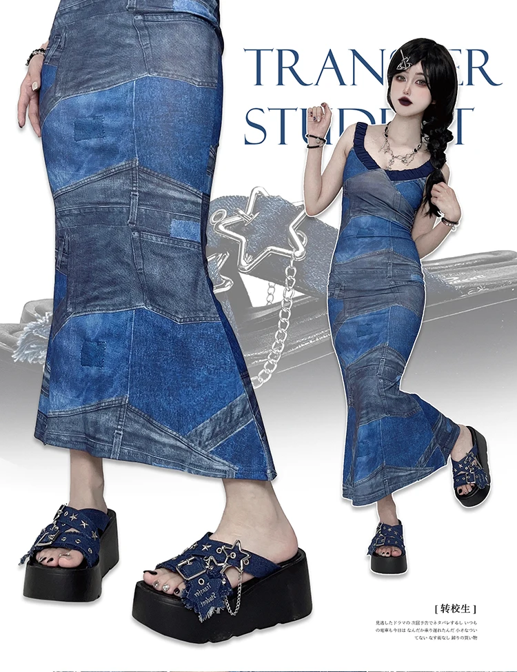 Dophee Original Spice Girls Punk Subculture Thick Soled Slippers All-match Summer Denim Rivet Sandal Exposed Toe Women Shoes