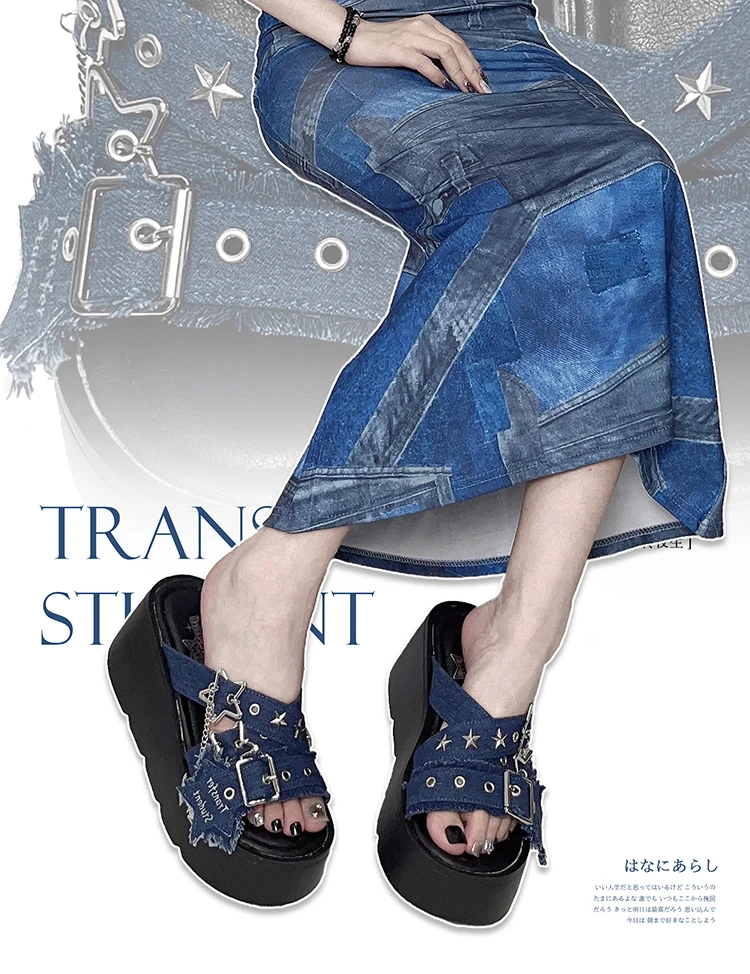 Dophee Original Spice Girls Punk Subculture Thick Soled Slippers All-match Summer Denim Rivet Sandal Exposed Toe Women Shoes