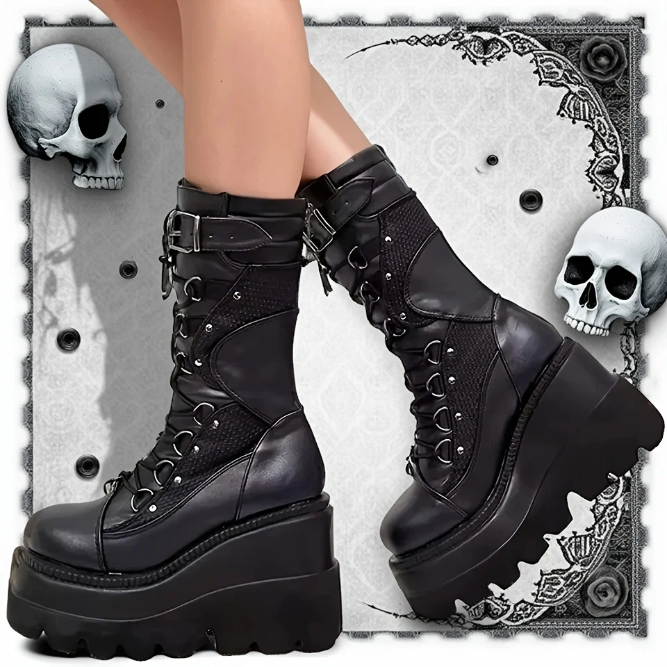 Brand New Ladies Goth Platform Boots Fashion Rivet Buckle Punk Wedges High Heels women's Boots Party Street Cosplay Woman Shoes Brand New Ladies Goth Platform Boots Fashion Rivet Buckle Punk Wedges High Heels women's Boots Party Street Cosplay Woman Shoes