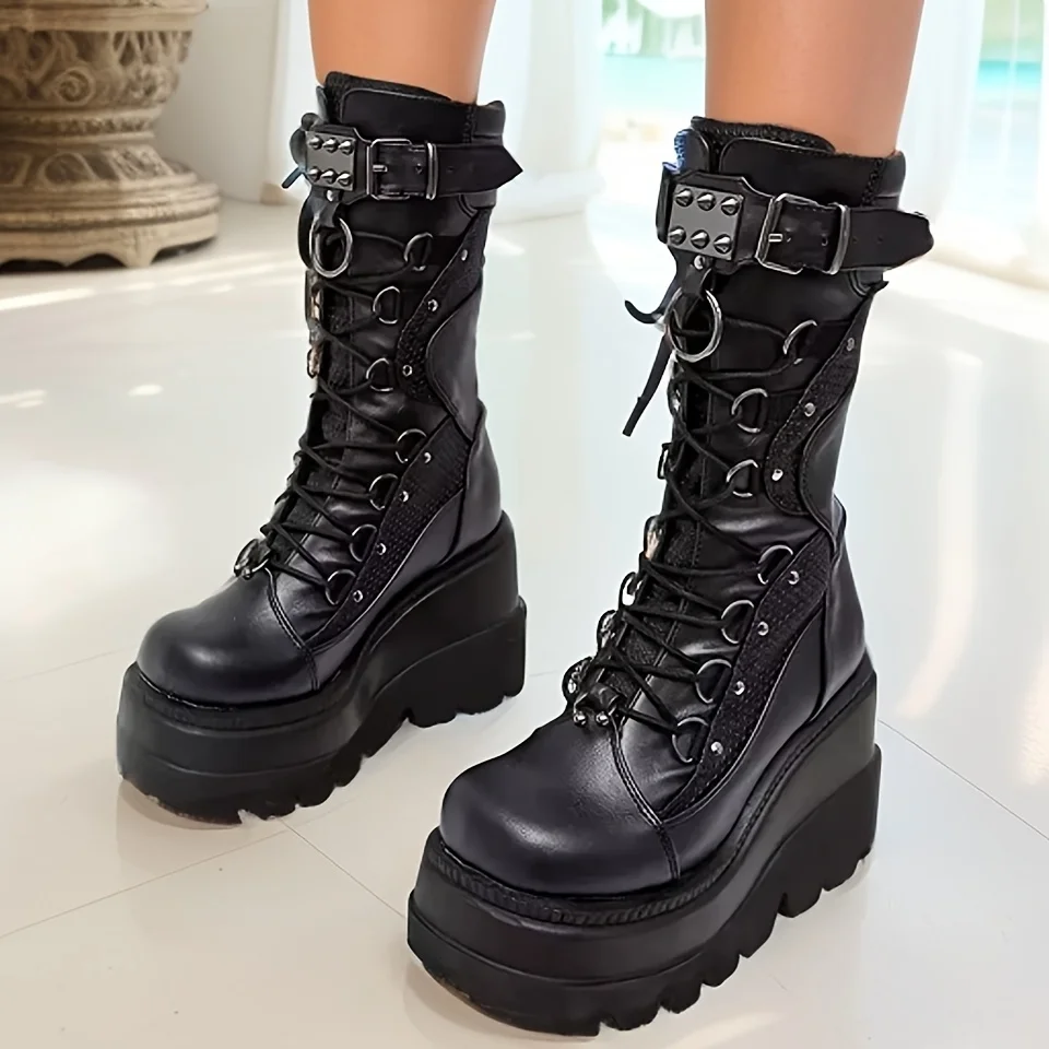 Brand New Ladies Goth Platform Boots Fashion Rivet Buckle Punk Wedges High Heels women's Boots Party Street Cosplay Woman Shoes Brand New Ladies Goth Platform Boots Fashion Rivet Buckle Punk Wedges High Heels women's Boots Party Street Cosplay Woman Shoes
