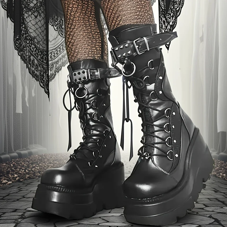 Brand New Ladies Goth Platform Boots Fashion Rivet Buckle Punk Wedges High Heels women's Boots Party Street Cosplay Woman Shoes Brand New Ladies Goth Platform Boots Fashion Rivet Buckle Punk Wedges High Heels women's Boots Party Street Cosplay Woman Shoes