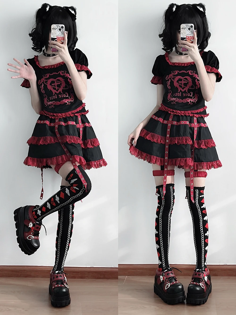 Street Style Girls Lolita Gothic Platform Shoes,Female Poker Joker Clown Decoration Elevator Shoes Halloween Gift