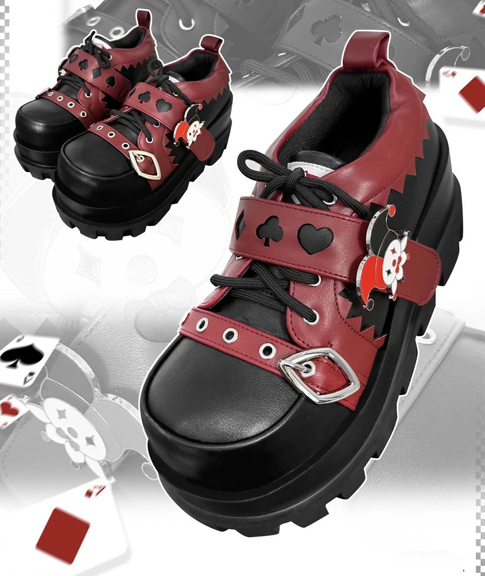 Street Style Girls Lolita Gothic Platform Shoes,Female Poker Joker Clown Decoration Elevator Shoes Halloween Gift