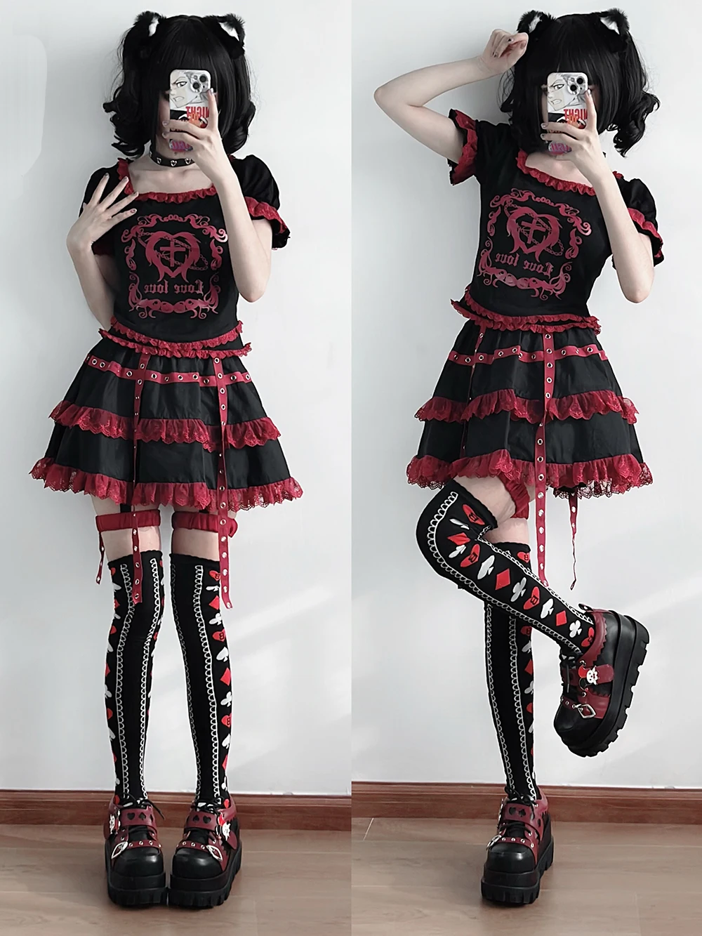 Street Style Girls Lolita Gothic Platform Shoes,Female Poker Joker Clown Decoration Elevator Shoes Halloween Gift