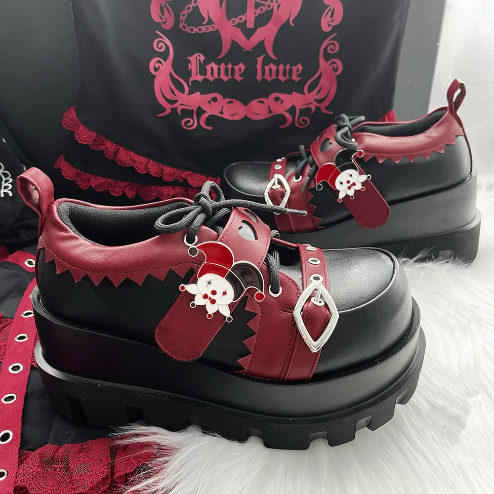 Street Style Girls Lolita Gothic Platform Shoes,Female Poker Joker Clown Decoration Elevator Shoes Halloween Gift