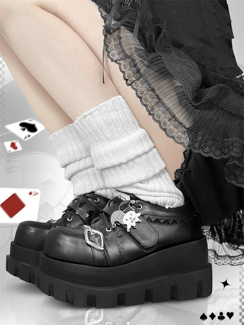 Street Style Girls Lolita Gothic Platform Shoes,Female Poker Joker Clown Decoration Elevator Shoes Halloween Gift