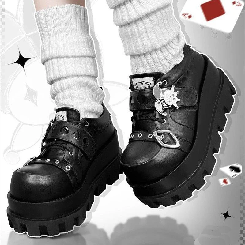 Street Style Girls Lolita Gothic Platform Shoes,Female Poker Joker Clown Decoration Elevator Shoes Halloween Gift