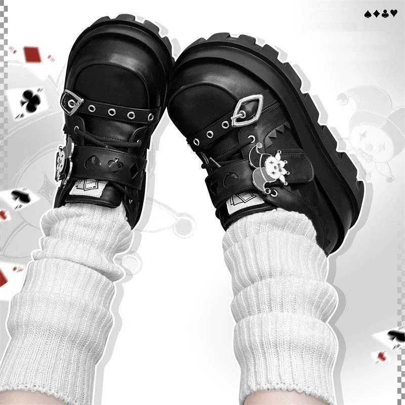 Street Style Girls Lolita Gothic Platform Shoes,Female Poker Joker Clown Decoration Elevator Shoes Halloween Gift