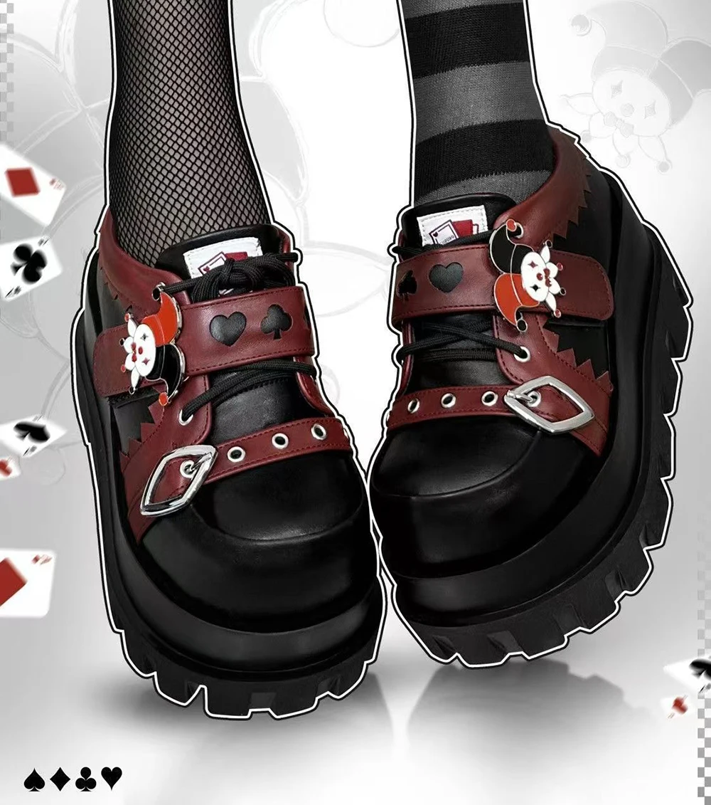 Street Style Girls Lolita Gothic Platform Shoes,Female Poker Joker Clown Decoration Elevator Shoes Halloween Gift